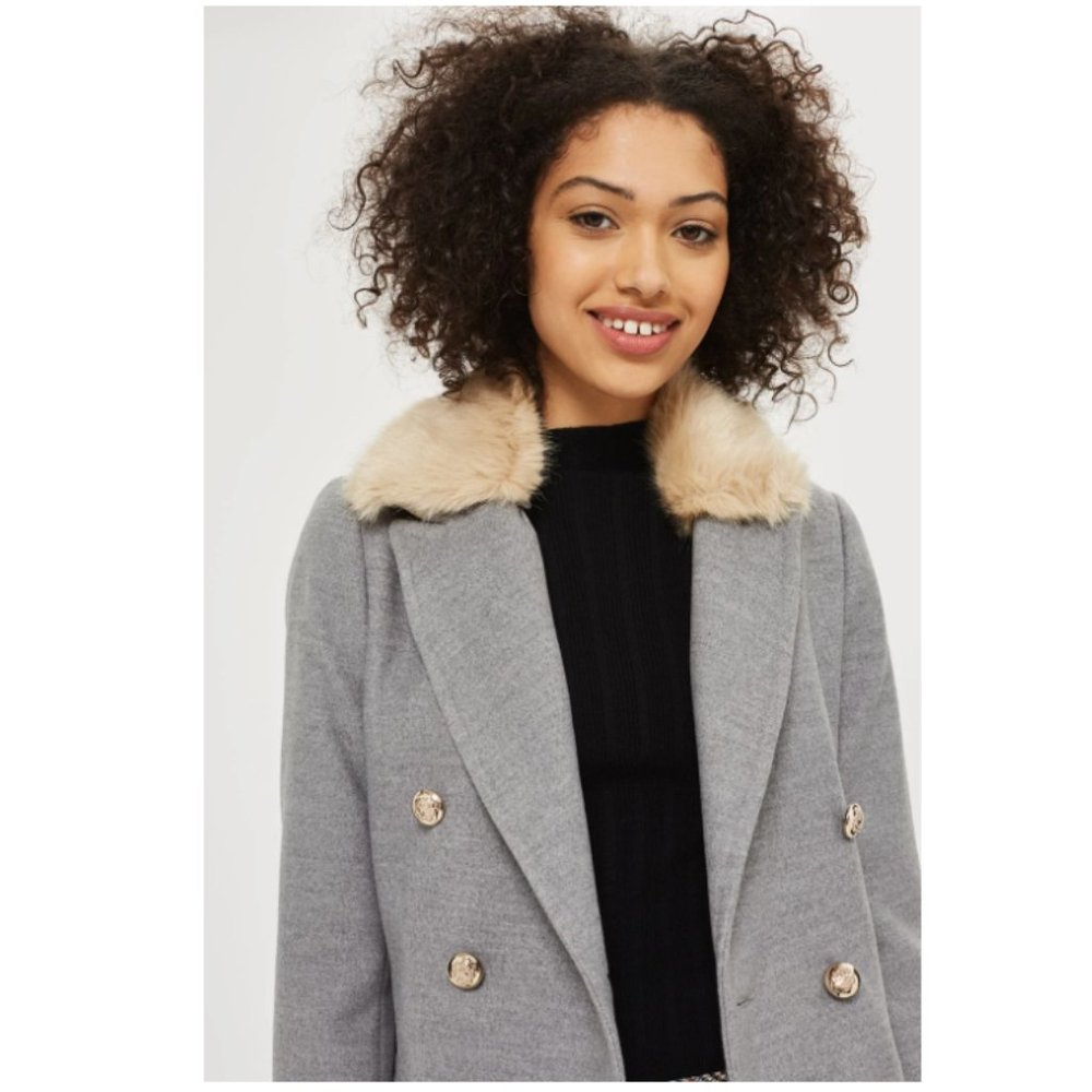 Topshop Grey Double Breasted Nancy Coat w/ Removable Faux Fur Collar 6 Like New - Picture 15 of 16